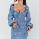 Tasmyn Balloon Sleeve Zipper Mini Dress Denim