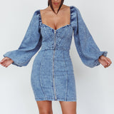 Tasmyn Balloon Sleeve Zipper Mini Dress Denim