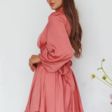 Leia Long Sleeve Waist Tie Mini Dress Rose