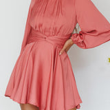 Leia Long Sleeve Waist Tie Mini Dress Rose