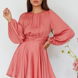 Leia Long Sleeve Waist Tie Mini Dress Rose