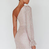 Dalia One Shoulder Sequin Mini Dress Blush