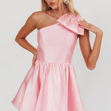 Athens Shoulder Bow Bubble Hem Mini Dress Blush