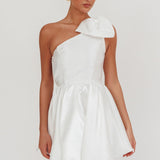 Athens Shoulder Bow Bubble Hem Mini Dress Off White