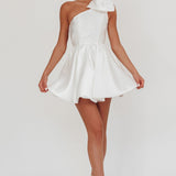 Athens Shoulder Bow Bubble Hem Mini Dress Off White
