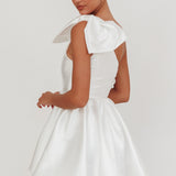 Athens Shoulder Bow Bubble Hem Mini Dress Off White