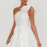 Athens Shoulder Bow Bubble Hem Mini Dress Off White