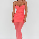 Jahzel Ruched Mesh Midi Dress Pink