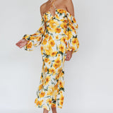 Nyree Long Sleeve Midi Dress Flowers Yellow