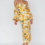 Nyree Long Sleeve Midi Dress Flowers Yellow