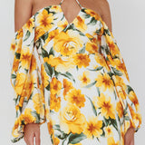Nyree Long Sleeve Midi Dress Flowers Yellow