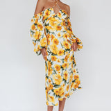 Nyree Long Sleeve Midi Dress Flowers Yellow