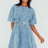 Cadijah Puff Sleeve Belted Mini Dress Denim Blue