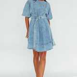Cadijah Puff Sleeve Belted Mini Dress Denim Blue