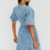 Cadijah Puff Sleeve Belted Mini Dress Denim Blue