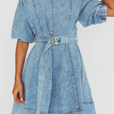 Cadijah Puff Sleeve Belted Mini Dress Denim Blue