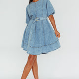Cadijah Puff Sleeve Belted Mini Dress Denim Blue