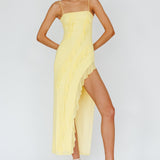Catriona Split Ruffle Midi Dress Lemon