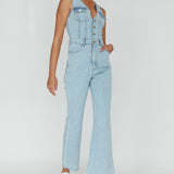 Jazelle Button Front Jumpsuit Washed Blue