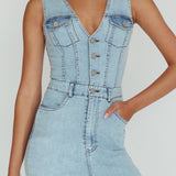 Jazelle Button Front Jumpsuit Washed Blue