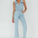 Jazelle Button Front Jumpsuit Washed Blue
