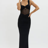 Oliana Sheer Waist Keyhole Maxi Dress Black