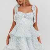 Oliana Tied Shoulder Tiered Mini Dress Floral Blue