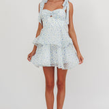 Oliana Tied Shoulder Tiered Mini Dress Floral Blue