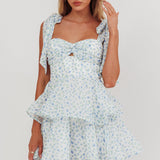 Oliana Tied Shoulder Tiered Mini Dress Floral Blue