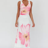 Oliana V-Neck Mesh Maxi Dress Hibiscus White/Pink