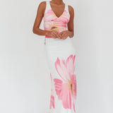 Oliana V-Neck Mesh Maxi Dress Hibiscus White/Pink