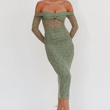 Oliana Off-Shoulder Mesh Maxi Dress Fern