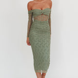 Oliana Off-Shoulder Mesh Maxi Dress Fern