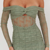 Oliana Off-Shoulder Mesh Maxi Dress Fern