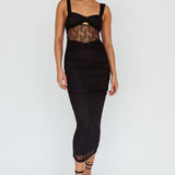 Oliana Embroidered Mesh Midi Dress Black