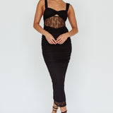 Oliana Embroidered Mesh Midi Dress Black