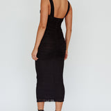 Oliana Embroidered Mesh Midi Dress Black