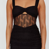 Oliana Embroidered Mesh Midi Dress Black