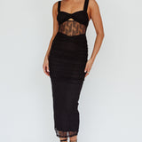 Oliana Embroidered Mesh Midi Dress Black