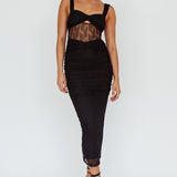 Oliana Embroidered Mesh Midi Dress Black