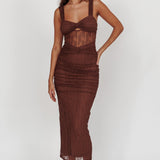 Oliana Embroidered Mesh Midi Dress Chocolate