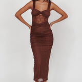 Oliana Embroidered Mesh Midi Dress Chocolate