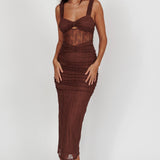 Oliana Embroidered Mesh Midi Dress Chocolate