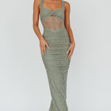 Oliana Embroidered Mesh Midi Dress Fern
