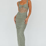 Oliana Embroidered Mesh Midi Dress Fern
