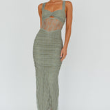 Oliana Embroidered Mesh Midi Dress Fern