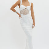 Oliana Embroidered Mesh Midi Dress White