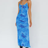 Gypsy Garden Laced Bodice Ruched Midi Dress Blue