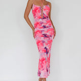 Gypsy Garden Laced Bodice Ruched Midi Dress Pink