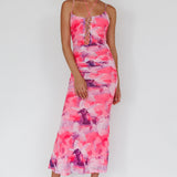 Gypsy Garden Laced Bodice Ruched Midi Dress Pink